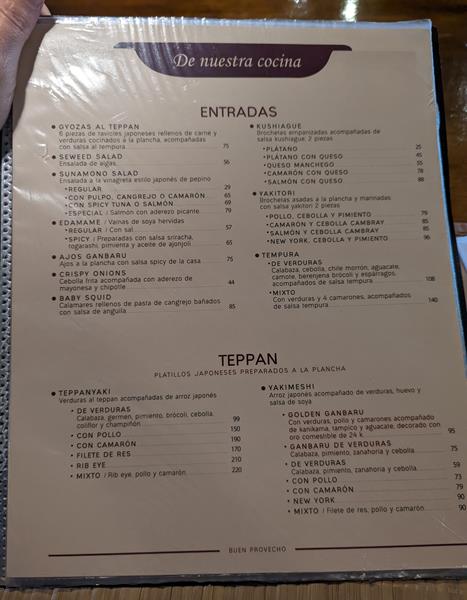 Japanese menu shows teriyaki with chicken is 150 pesos and with ribeye is 210.